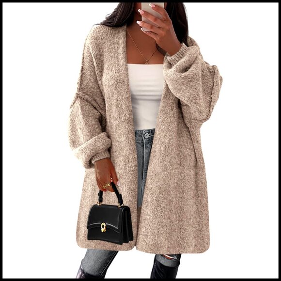 Sweaters - Oversized Long Cardigan Sweater, Drop Shoulder, Open Front, Mid-Thigh Length
